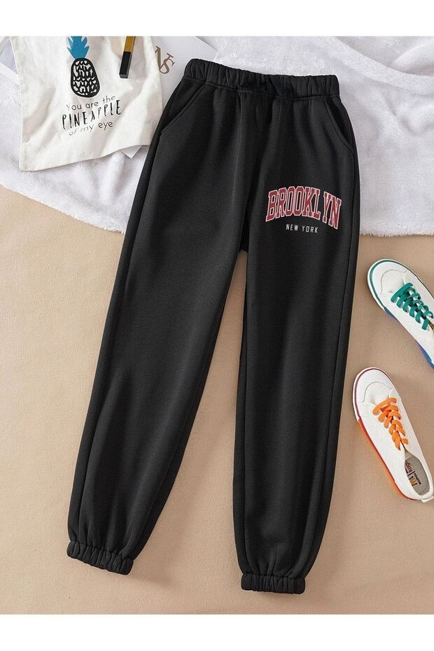 Brooklyn Sweatpants Jogger - Black Printed Rubber Leg High Waist