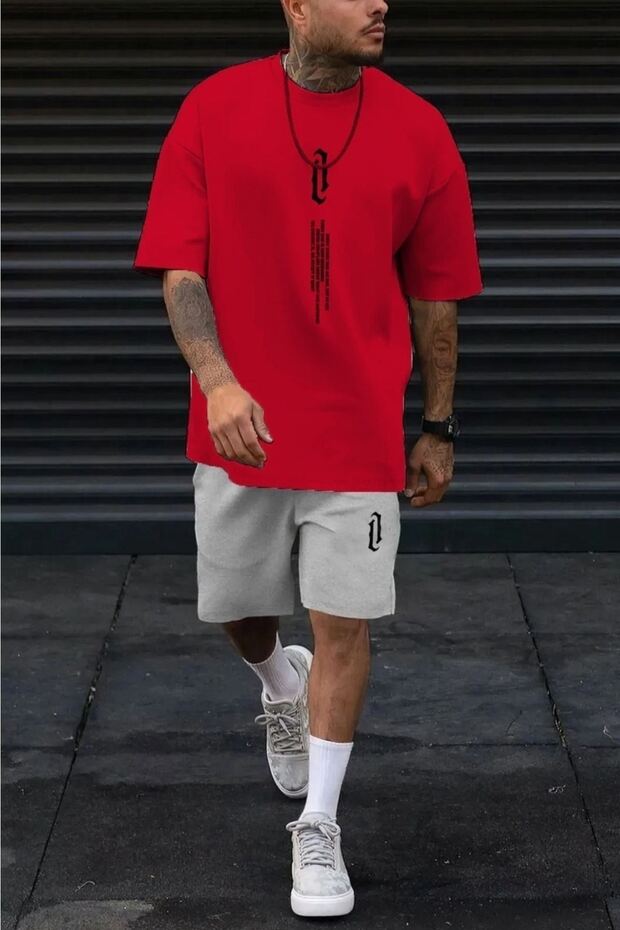 Vertical T-Shirt Shorts - Red Gray Bottom Top Combination Shorts T-Shirt Set Printed Oversize Crew Neck