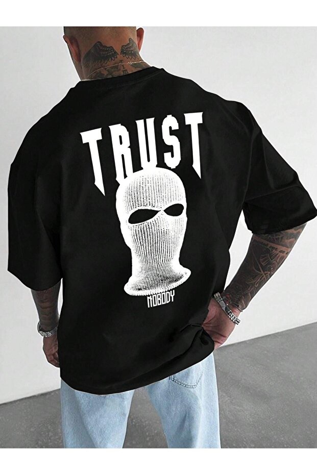 Trust Mast Single Jersey T-Shirt - Black Printed Oversize Crew Neck Short Sleeve T-Shirt