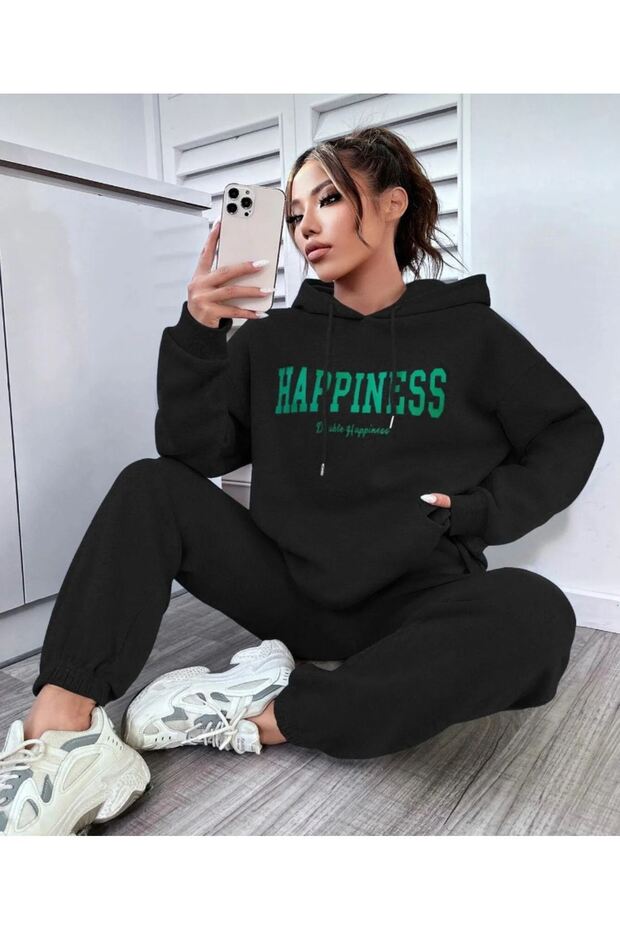 Black Happiness Hooded Combination Bottom Top Tracksuit Set
