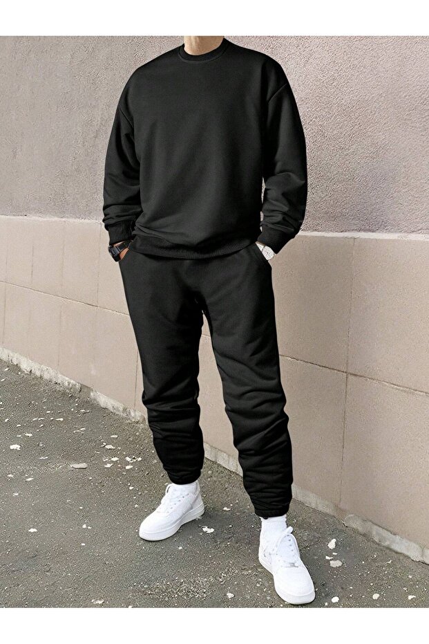 طقم بدلة رياضية عادية للرجال سويت شيرت Jogger - أسود كبير الحجم برقبة دائرية