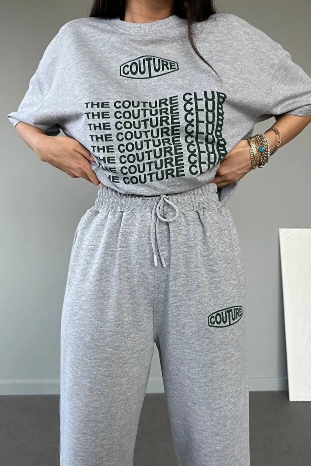 Couture Club T-shirt Sweatpants Jogger- Gray Printed Bottom Top Tracksuit Set Oversize Crew Neck