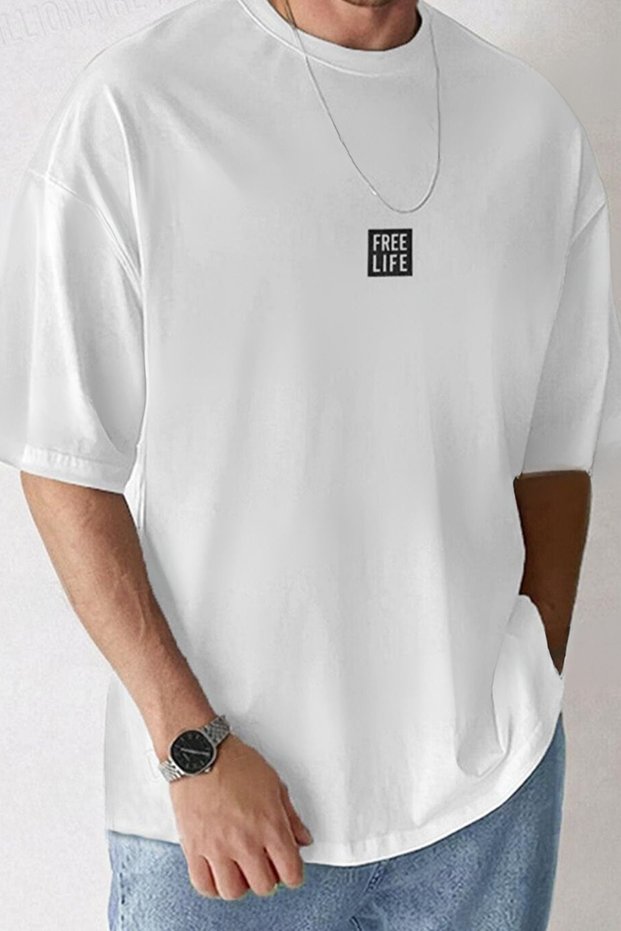 Free Life Oversize White Printed T-shirt - Crew Neck Short Sleeve Comfortable Fit T-Shirt