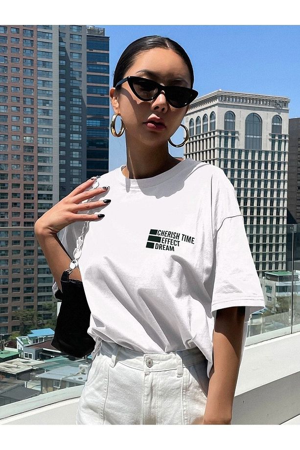 Unisex Beyaz Oversize Cheeris Time Baskılı Örme T-shirt - 5