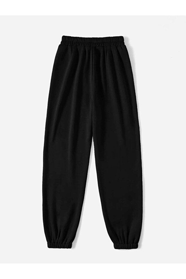 Basic Düz Eşofman Altı Jogger - Siyah Lastik Paça Yüksek Bel - 2