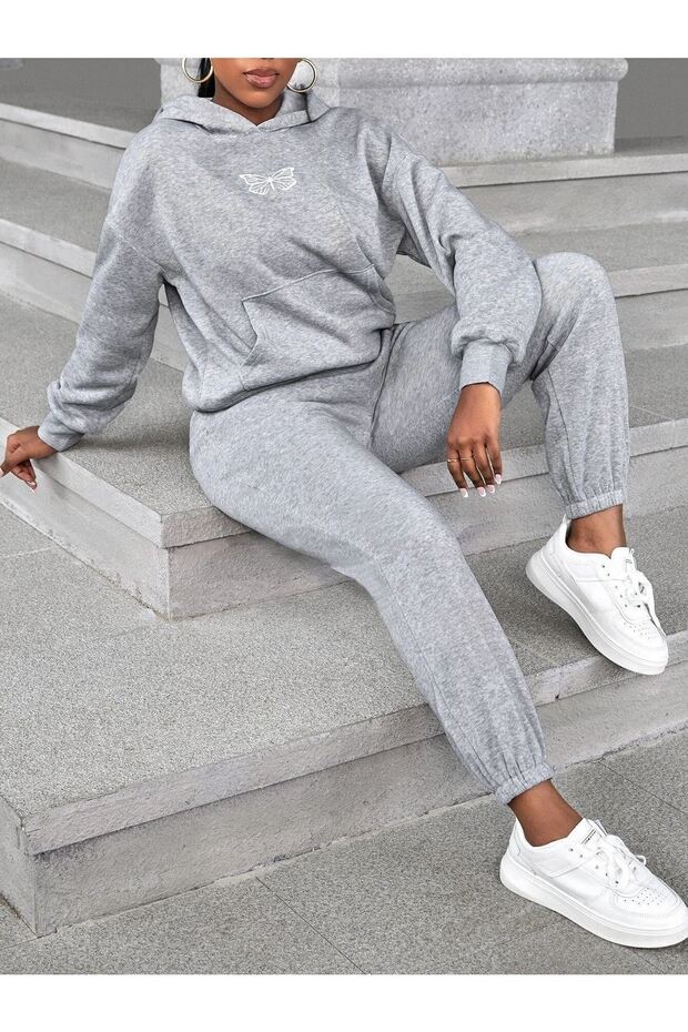 Double Butterfly Tracksuit Set Sweatshirt Jogger - Gray Printed Oversize Hooded