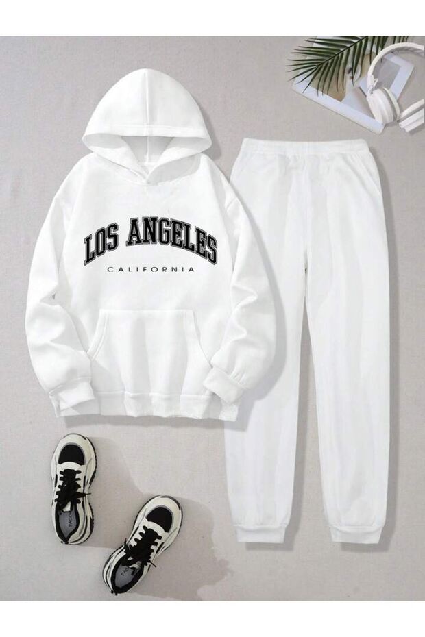 Los Angeles Tracksuit Set Sweatshirt Jogger - White Printed Oversize Hoodie