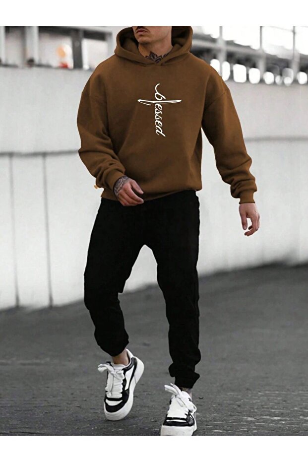 طقم بدلة رياضية من Blessed Sweatshirt Jogger - بني أسود مطبوع بقلنسوة