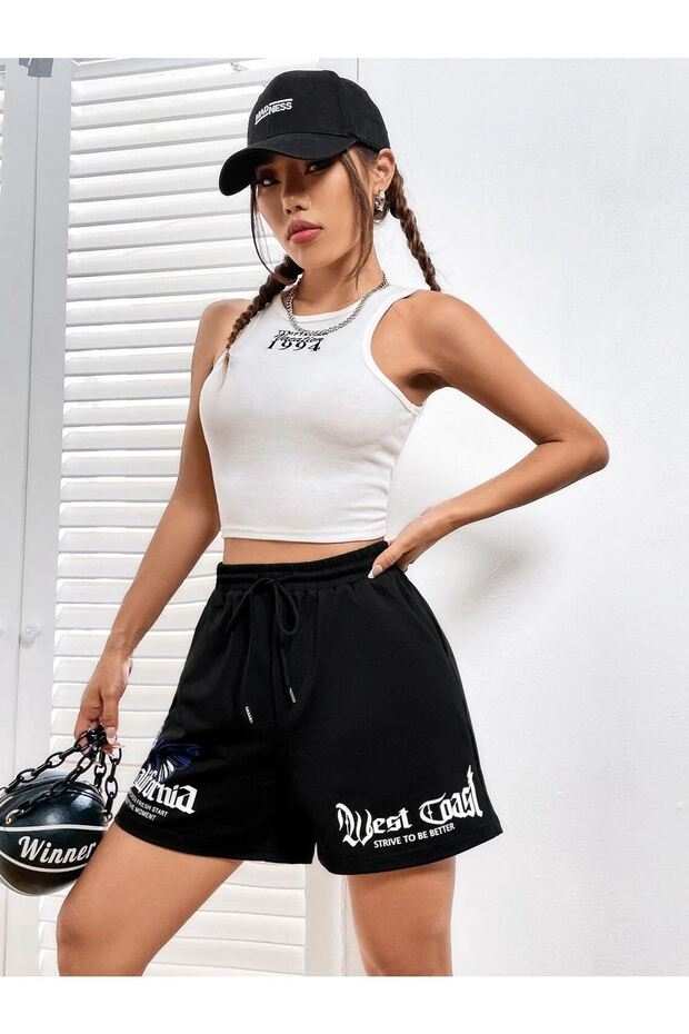 Black Short Californi West Coast Shorts - Combed Cotton Printed Cord
