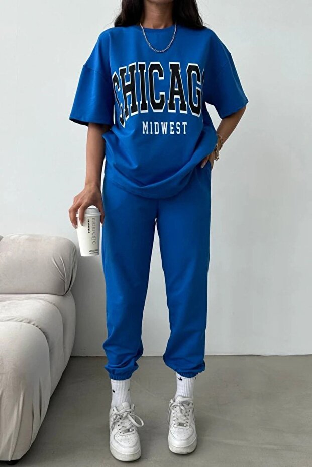 Chicago T-shirt Sweatpants Jogger- Blue Printed Bottom Top Tracksuit Set Oversize Crew Neck
