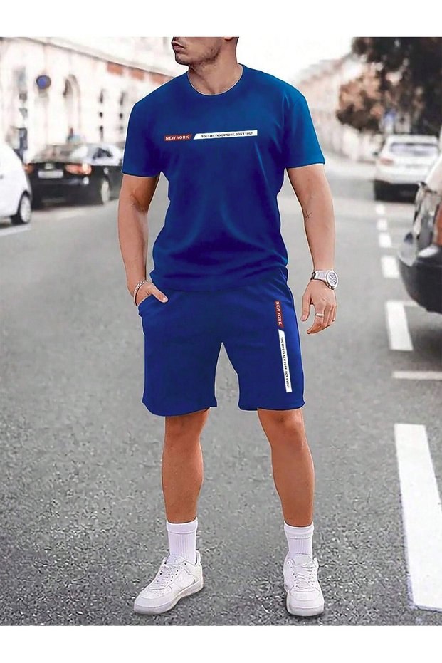 New York Stripe T-Shirt Shorts - Saxs Top and Bottom Combination Shorts T-Shirt Set Printed Oversize Crew Neck