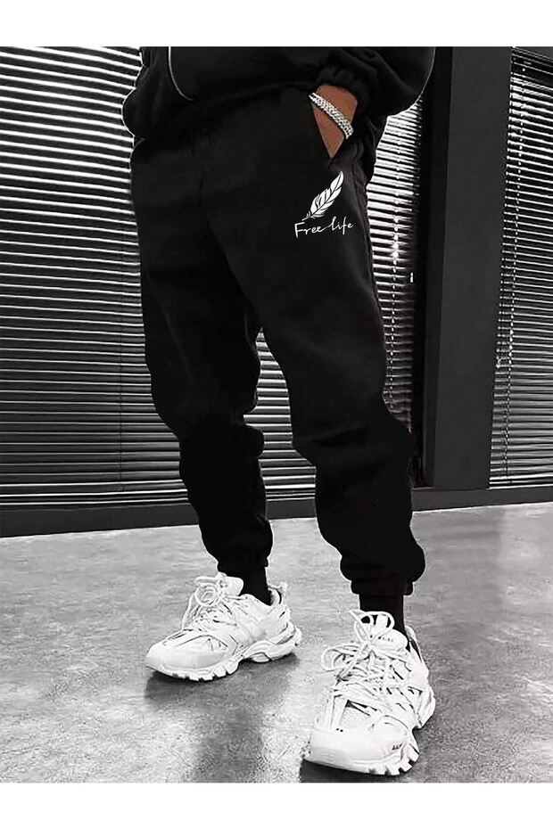 Free Life Black Jogger Sweatpants Rubber Leg Printed Comfortable and Stylish