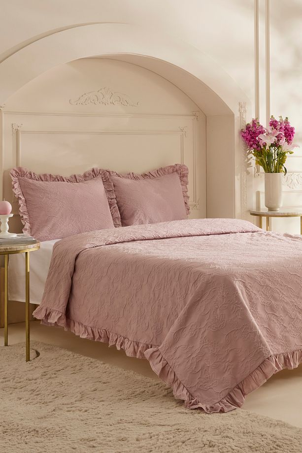 White Collection Tyra %100 Pamuk Çift Kişilik Yatak Örtüsü Pudra - 2