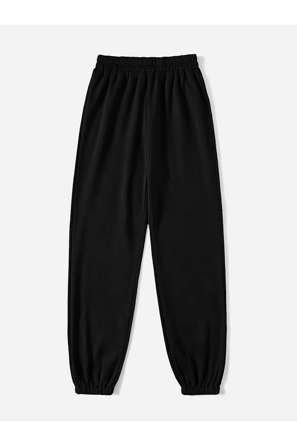 Basic Düz Eşofman Altı Jogger - Siyah Lastik Paça Yüksel Bel - 1