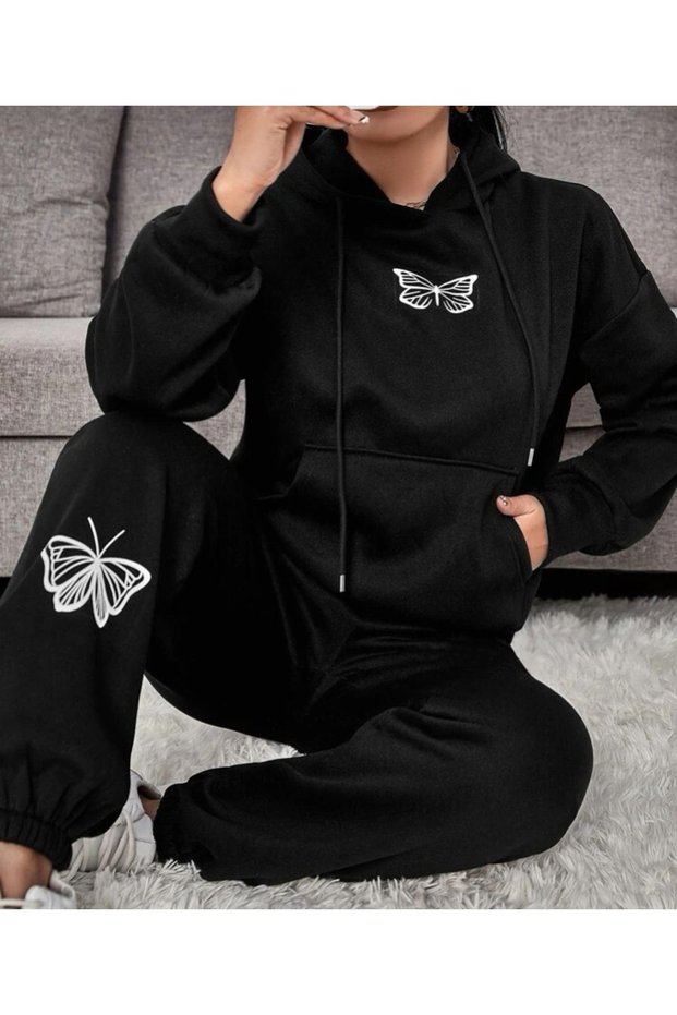 Black Butterfly Printed Oversize Hooded Bottom Top Tracksuit Set Rubber Leg