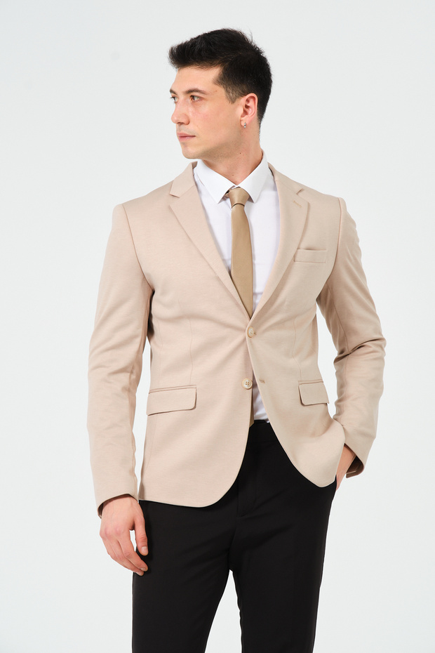 Bej Slim Fit Örme Esnek Kumaşlı Blazer Ceket - 5