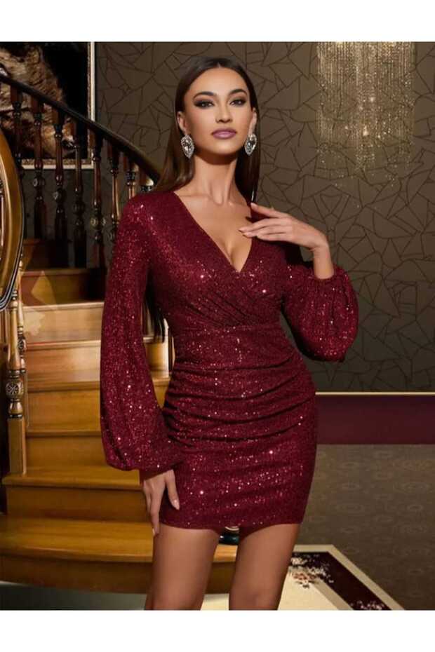 uzun kollu göğüs dekolteli mini pullpayet elbisesi - 5