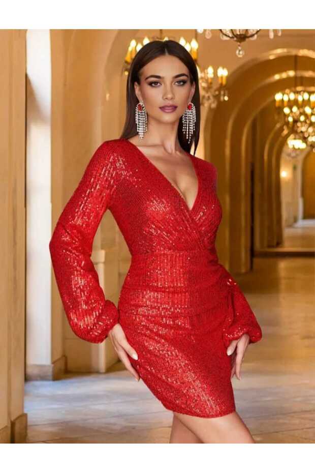 uzun kollu göğüs dekolteli mini pullpayet elbisesi - 3