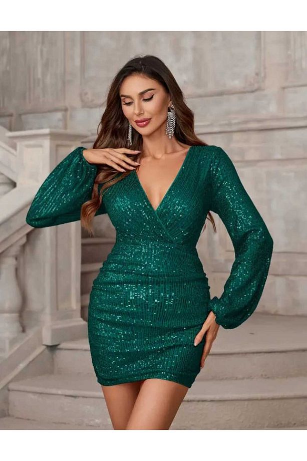 uzun kollu göğüs dekolteli mini pullpayet elbisesi - 6