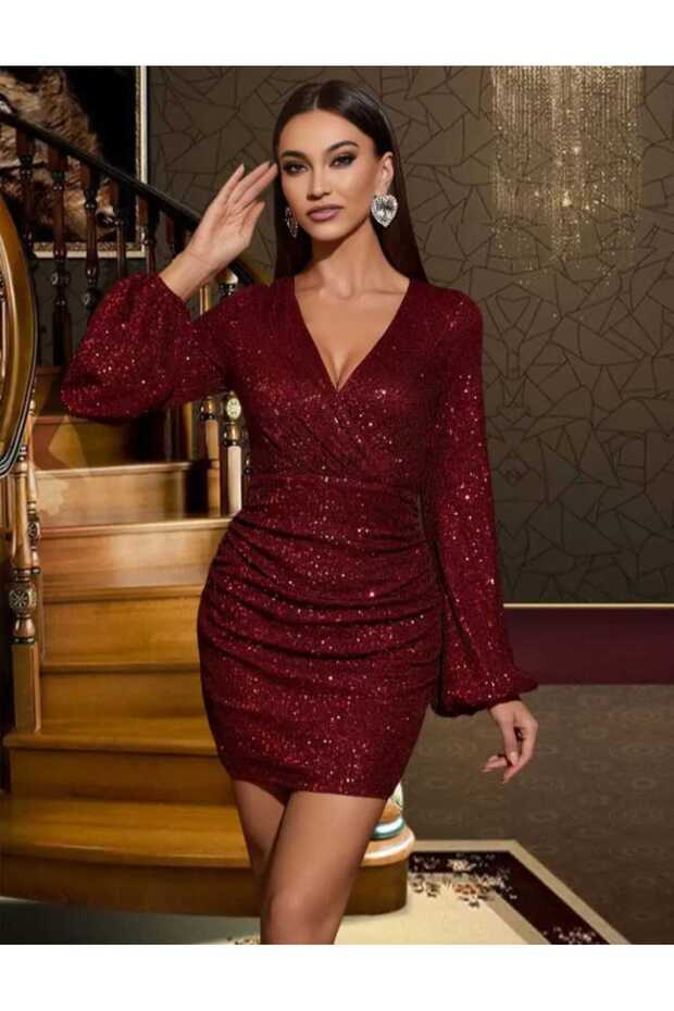 uzun kollu göğüs dekolteli mini pullpayet elbisesi - 4