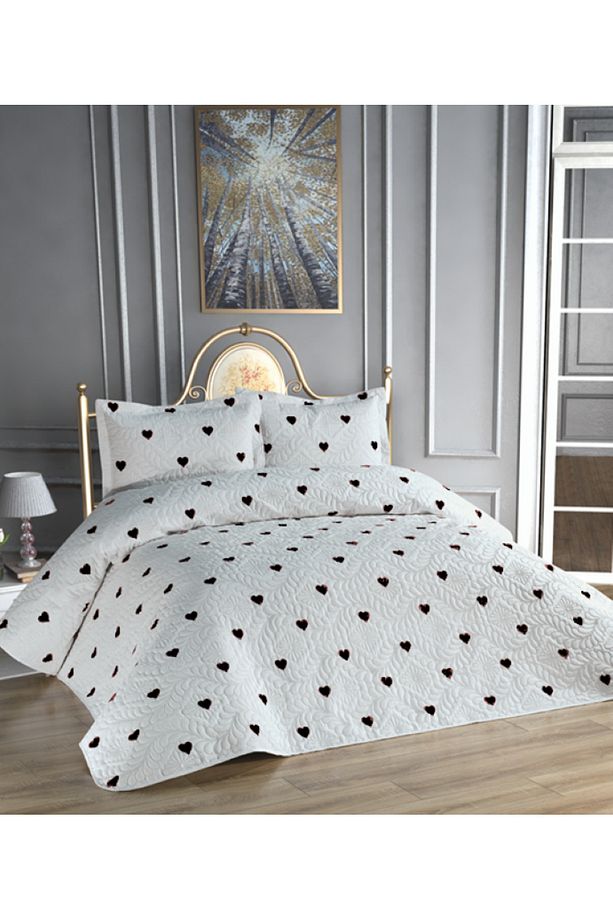 Kalp Baskılı Microfiber Ultrasonic Kapitone Çift Kişilik Yatak Örtüsü - 1