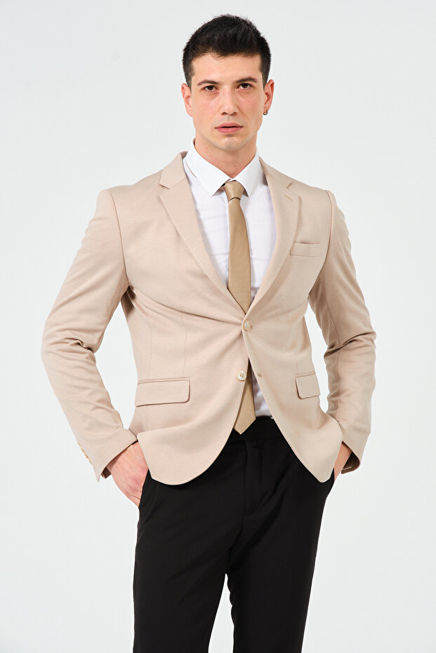 Bej Slim Fit Örme Esnek Kumaşlı Blazer Ceket - 1