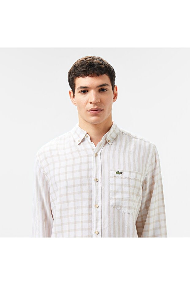 Erkek Regular Fit Düğmeli Yaka Ekose Keten Bej Gömlek - 4