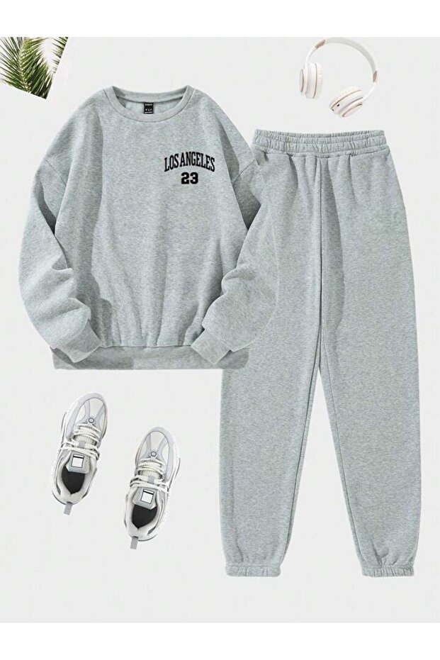 Los Angeles 23 Tracksuit Set Sweatshirt Jogger - Gray Printed Oversize Raised Crew Neck