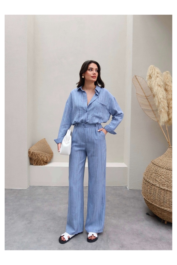 Line Patterned Linen Shirt Pants Set
