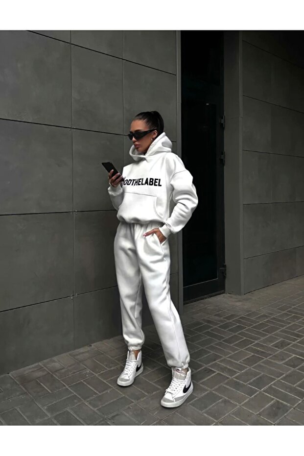Mood The Label Winter Tracksuit Set - White Printed Hooded Oversize Hoodie