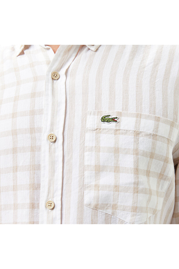 Erkek Regular Fit Düğmeli Yaka Ekose Keten Bej Gömlek - 5