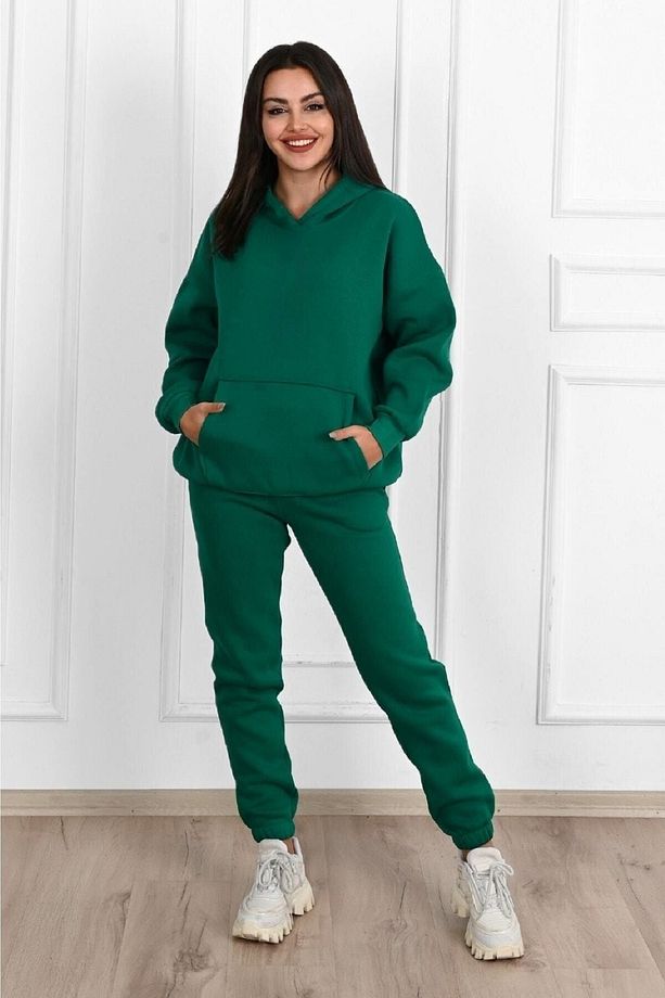 Düz Basic Eşofman Takımı Sweatshirt Jogger - Yeşil Oversize Şardonlu Kapüşonlu - 4