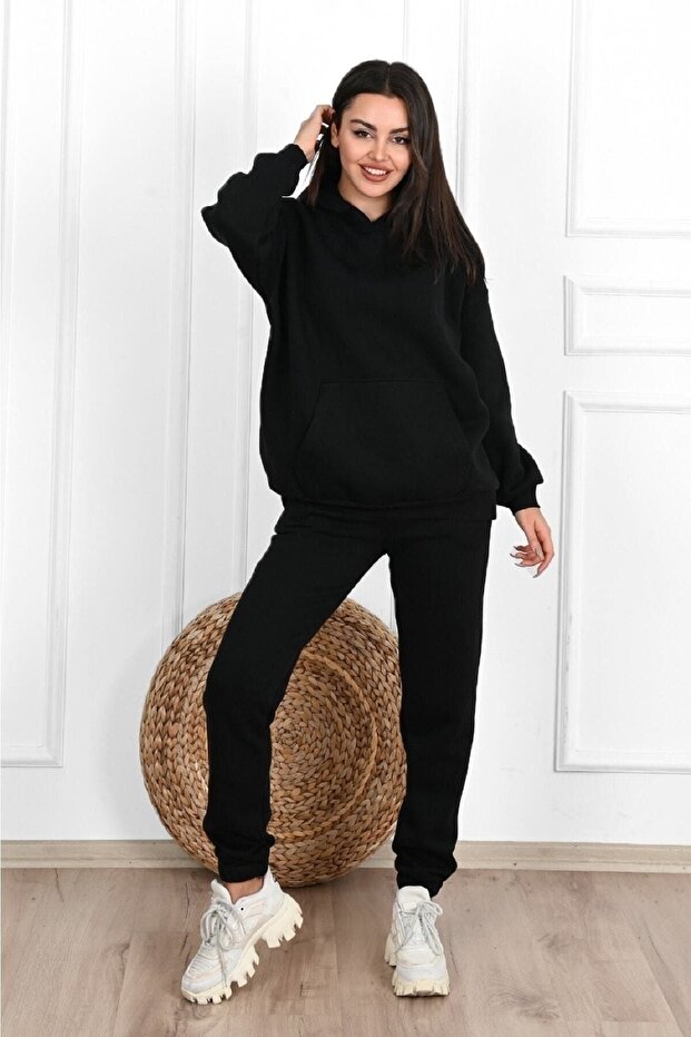 Düz Basic Eşofman Takımı Sweatshirt Jogger - Siyah Oversize Şardonlu Kapüşonlu - 5