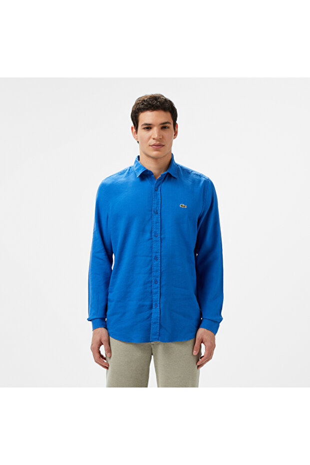 Erkek Slim Fit Keten Mavi Gömlek - 1