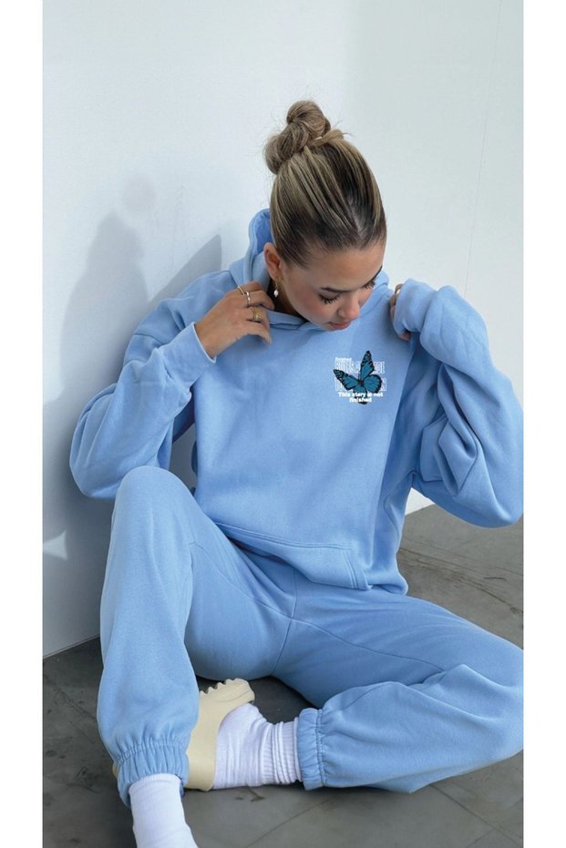 Butterfly Winter Tracksuit Set - Baby Blue Printed Hooded Oversized