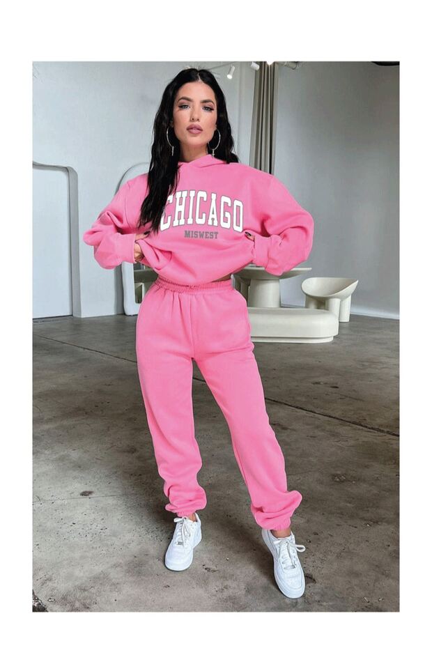 Chicago Tracksuit Set Sweatshirt Jogger - Pink Printed Oversize Hoodie