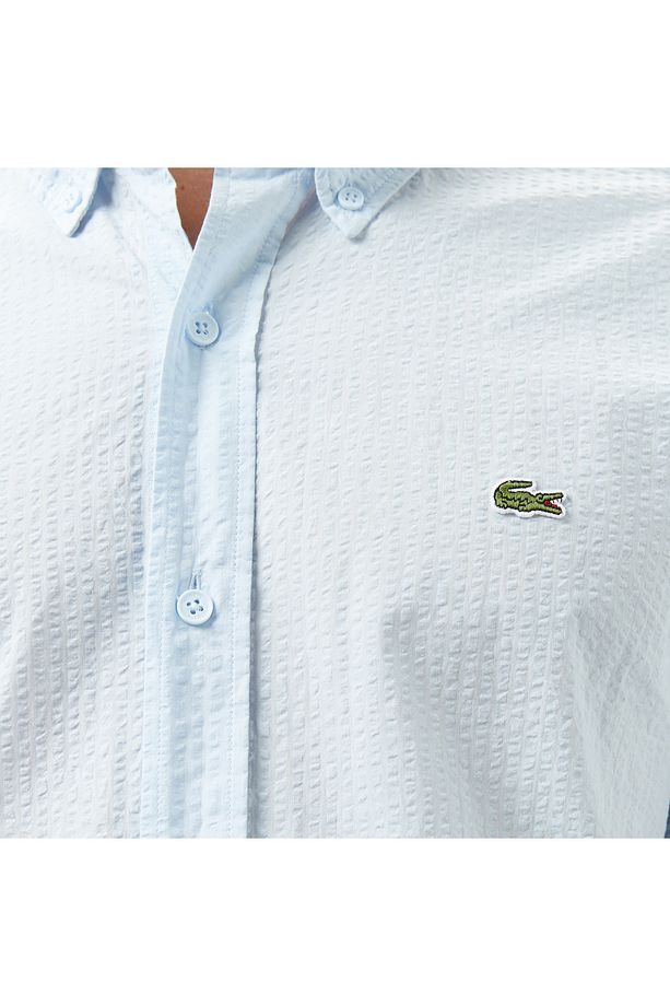 Erkek Slim Fit Düğmeli Yaka Açık Mavi Gömlek - 5