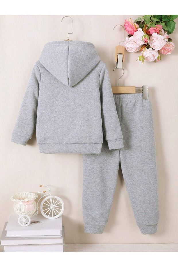 Unikorn Baskılı Pamuk Çocuk Kapüşonlu Takım - Gri Jogger Baskılı Kız Erkek Çocuk - 2