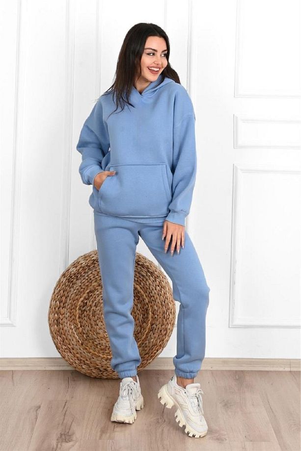 Düz Basic Eşofman Takımı Sweatshirt Jogger - Bebe Mavisi Oversize Şardonlu Kapüşonlu - 3