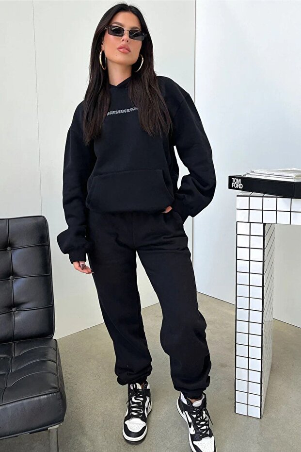 Thatssofetch Eşofman Takımı Sweatshirt Jogger - Siyah Baskılı Oversize Şardonlu Kapüşonlu - 4