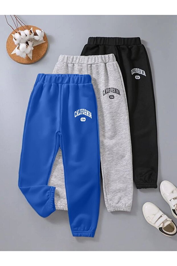 3-Piece California Sweatpants Jogger - Sax Blue Gray Black Rubber Leg High Waist