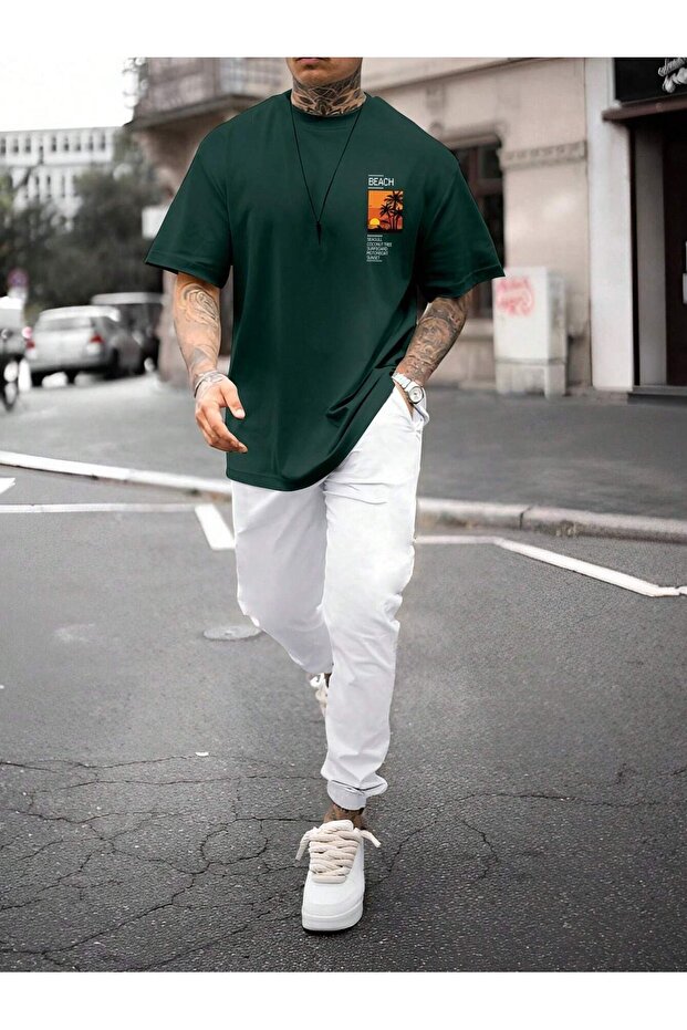 Beach T-Shirt Sweatpants Jogger - Nefti Green White Printed Tracksuit Set Oversize Crew Neck
