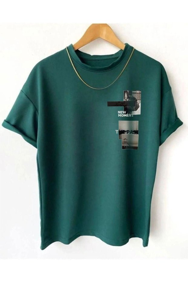 New Moment T-Shirt - Green Printed Oversize Crew Neck Short Sleeve