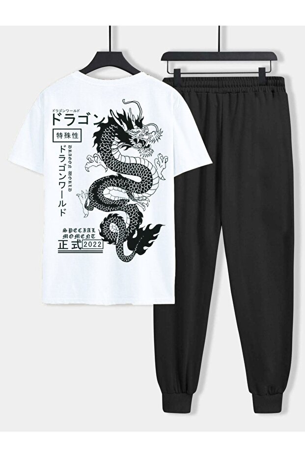 Dragon White T-Shirt Black Sweatpants Jogger- Printed Bottom Top Sweatpants Suit Oversize Bicycle Yak
