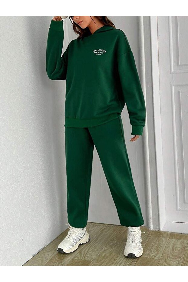 California Dream Tracksuit Set Sweatshirt Jogger - Green Printed Oversize Hooded