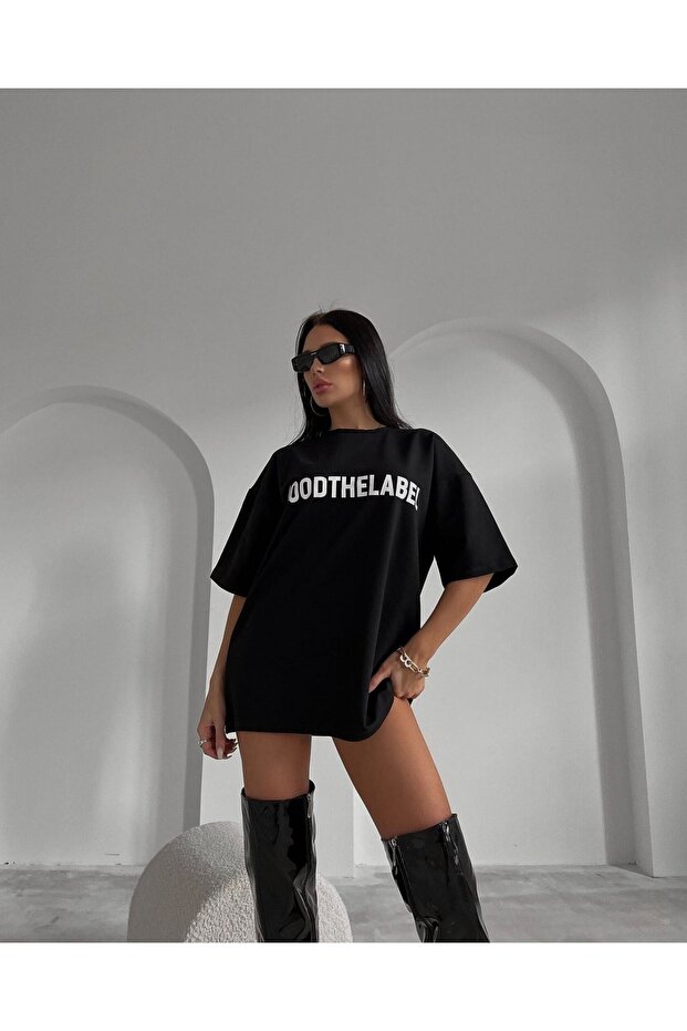 تي شيرت أسود كبير الحجم Mood The Label - مطبوع كبير الحجم