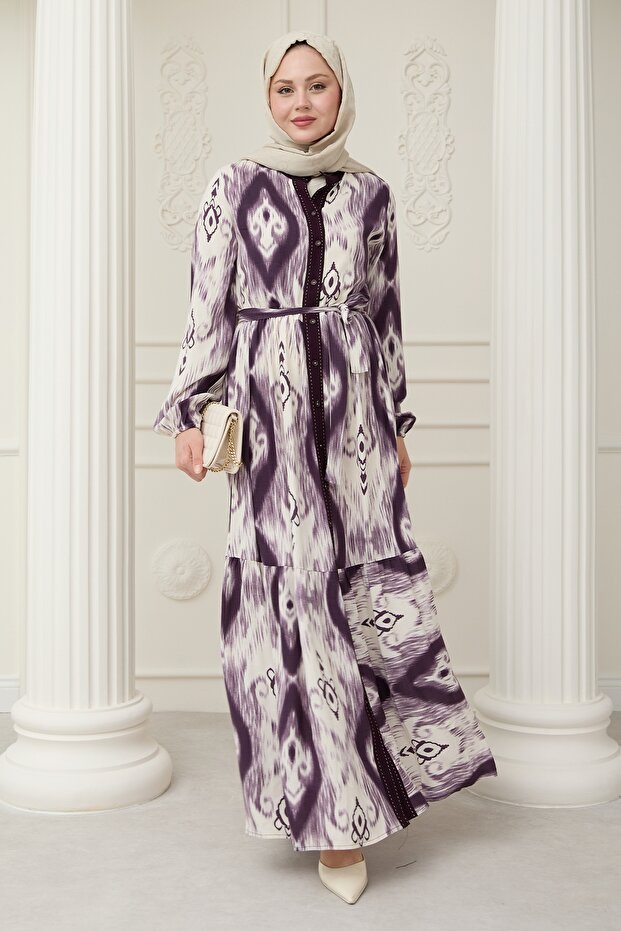 Ethnic Pattern Purple Viscose Dress with Punt on the Front
