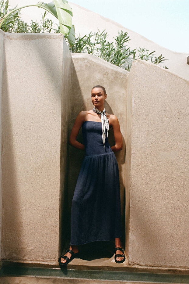 Askılı krep midi elbise - 1