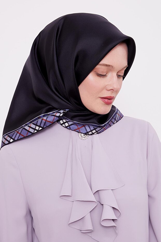 Navy Blue Plaid Edge Twill Silk Scarf