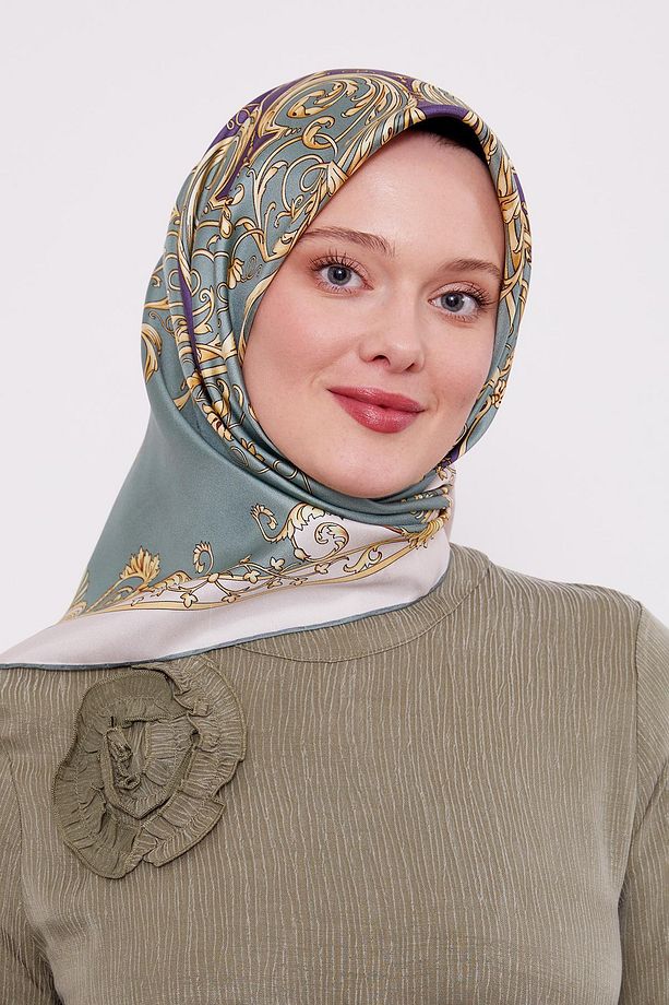Mint Yeşili Varak Desenli Twill İpek Eşarp - 4